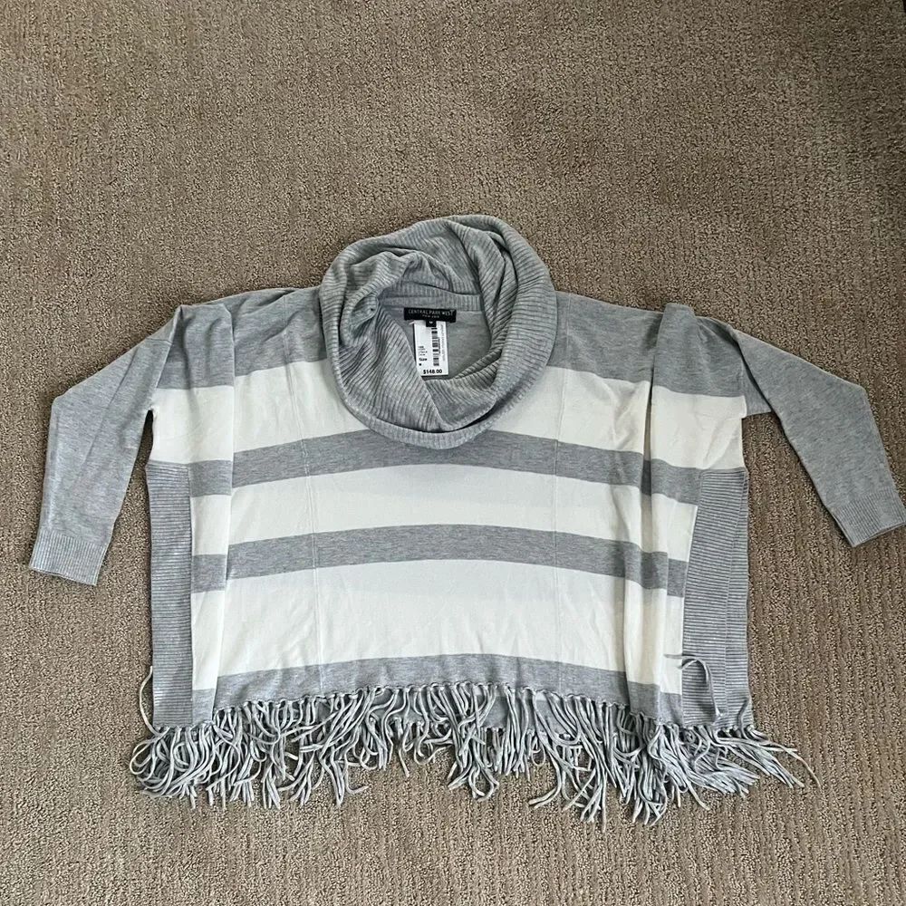 Central Park West Grey and Cream Striped Cowl Neck Sweater